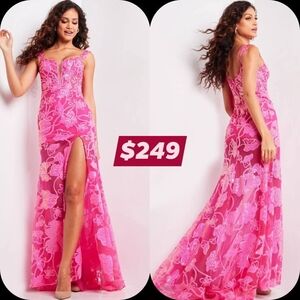 Jovani Vibrant Pink Floral Maxi Dress